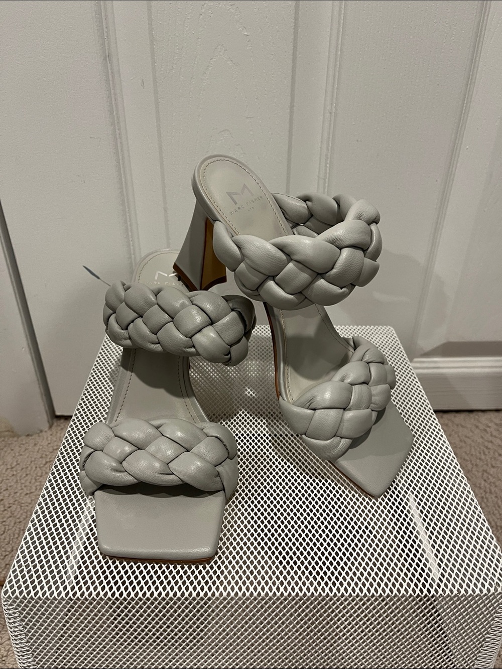 Marc Fisher Braided Strap Block Heel Sandals — Light Gray